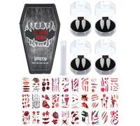 4 Pairs Vampire Fangs,4 Size Fangs and Halloween tattoo stickers | Halloween with Tube Solid Adhesive,Vampire Coffin Gift Box Design,Fake Fangs Vegan/Cruelty Free