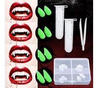 4 Pairs Vampire Teeth Glow in The Dark, Vampire Costume Fake Fangs with Enhanced Adhesive in 4 Sizes for Halloween Cosplay Makeup Party Props