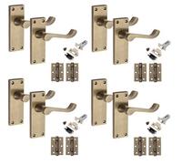 4 Pairs Victorian Scroll Latch Internal Door Handle Antique Brass 120 X 40mm With 2.5" Latches & Hinges - Golden Grace