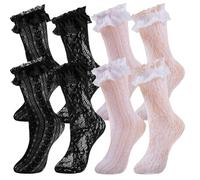4 pairs Womens Ruffle Socks-Black & White Sexy Lace Trim Frilly Socks Lolita Ankle Socks with Ruffles Uk Size 4-7,Ladies Girls Princess Girlfriends Wedding Party Birthday Anniversary Halloween Gifts
