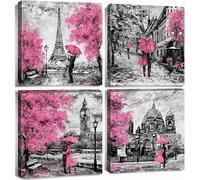 4 Panel Pink Wall Art Abstract Romance Pairs Pictures for Bedroom Walls Watercolor Cherry Blossom Tree Wall Painting Modern Black and White City Poster Canvas Prints Artwork Home Decoration 30x30cm