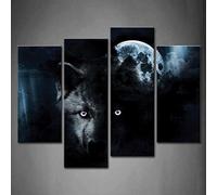 4 Panel Wall Art Black Wolf And Full Moon Painting The Picture Print On Canvas Animal Pictures For Home Decor Decoration Gift Piece Stretched By Wooden Frame Ready To Hang