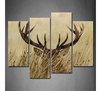 4 Panel Wall Art Deer Stag With Long Antler In The Bushes Painting The Picture Print On Canvas Animal Pictures For Home Decor Decoration Gift piece (Stretched By Wooden Frame,Ready To Hang)