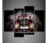 4 Panel Wall Art Hot Rod With Smoke Background On Black Painting The Picture Print On Canvas Car Pictures For Home Decor Decoration Gift Piece Stretched By Wooden Frame Ready To Hang