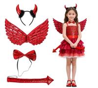 4 Pc Devil Costume Set for Girls, Devil Horns Headband with Bow Tie, Devil Tail and Wings, Kids Devil Outfit for Halloween Costume Parties, Carnival Dress Up and Role Play Events Halloween costume