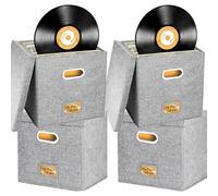 4 PCS 12 inch Vinyl Record Storage Box, CD Storage Case with Lid & Handles, Folding LP Storage Boxes Holds up to 100+ Single Records, Records Organizer for Albums, CDs, Magzine, Files - Grey