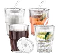 4 Pcs 16 OZ Iced Coffee Cups Ripple Glass Drinking Tea Juice Cup with Lids Straws Ribbed Clear Glasses Cups Reusable Water Glasses Tumblers for Home Kitchen Office Smoothie and Cold or Hot Drinks