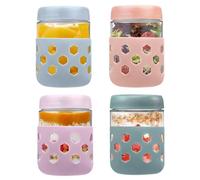 4 Pcs 16oz Overnight Oats Jar, Glass Jar with Screw Lid Leakproof Overnight Oats Container and Protective Silicone Sleeve, Yogurt Jars, Oatmeal Salad Jars, for Cereals Milk Fruit, ( 4 Colors 480ml )