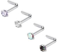 4 PCS 20G Nose Studs,Nose Rings, Hypoallergenic Stainless Steel L Shaped Multicolour Nose Stud Sterling Silver, Tiny CZ Crystal Diamond Small Nose Stud, Plain Nose Studs, Nose pins for Women