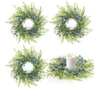 4 Pcs 3” Blueberry Candle Rings Spring Wreaths Mini Berries Table Centerpieces Wreaths Farmhouse Green Small Wreath for Pillars Kitchen Cabinet Front Door Porch Wall Decoration