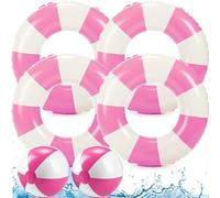 4 Pcs 35 Inch Jumbo Striped Inflatable Pool Floats with 2 pcs Beach Ball for Adults Swimming Pool Tubes for Summer Swimming Beach Party(Pink)(Pink)