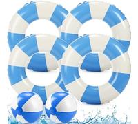 4 Pcs 35 Inch Jumbo Striped Inflatable Pool Floats with 2 pcs Beach Ball for Adults Swimming Pool Tubes for Summer Swimming Beach Party(Pink)(Blue)