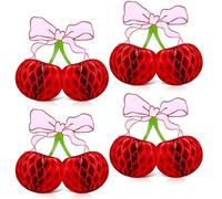 4 Pcs 3D Cherry Bow Honeycomb Birthday Decorations, 11.8 Inch Red Cherry Party Decorations, Cherrys Balloons Centerpiece Table Decoration for Home