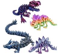 4 PCS 3D Printed Dinosaur Set, Laser Black T-Rex, Candy Triceratops, Dream Blue Stegosaurus and Dark Blue Chinese Dragon, 3D Printed Animals for Home and Office Decor