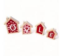 4 Pcs 3D Wood House Valentine's Day Decor Signs, Red Pink Wooden Heart Decor, Indoor Tiered Tray Table Mantel Shelf Decor for Home Office