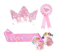 4 Pcs 4th Birthday Decorations Set for Girls, Including Glitter Birthday Sash,Pink Badge,Flower Crown Headband and Glasses for 4-Year-Old Girls Birthday Party Accessories