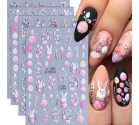 4 Pcs 5D Easter Nail Art Stickers Decals Flower Nail Stickers Self-Adhesive Easter Colorful Easter Egg Spring Floral Bunny Design Slider Manicure Accessories Easter Nail Art Supplies Decorations
