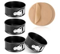 4 Pcs 6 Inch Black Springform Pan with 100 Baking Paper, Removable Bottom Carbon Steel Mini Cheesecake Pans Round Springform Cake Pan with Stainless Steel Spring Buckles for Baking Kitchens Restaurant