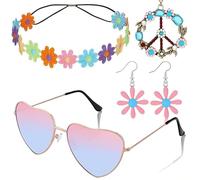 4 Pcs 60s 70s Hippie Women Accessories Set Fancy Dress for Women Including Vintage Hippie Glasses Daisy Headband Peace Sign Necklace Earrings Party Supplies for Groovy Cosplay Party Halloween (Pink)
