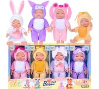 4 Pcs 7 Inch Baby Dolls with Adorable Animal-Themed Outfits - Cute PVC Infant Figurines Set in Yellow Chick, White Bunny, Pink Bunny & Purple Koala Costumes - Gift for Girls 3+