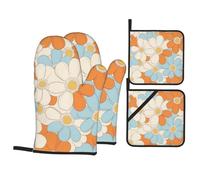4 Pcs 70'S Retro Spring Hippie Flower Oven Mitts and Potholders,Kitchen Oven Glove with Pot Holders,Non-Slip Gloves High Heat Resistant 500 Degree for BBQ, Grill, Baking, Cooking, Oven, Microwave