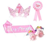 4 Pcs 7th Birthday Decorations for Girls, Including Birthday Sash,Pink Badge,Princess Crown Headband and Glasses for 7-Year-Old Girls as Birthday Party Decorations