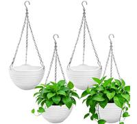 4 Pcs 8 inch Hanging Planter Pots,Self-Watering Round Hanging Basket with Water Tray and Metal Chain,Succulent Flower Plant Pot Container for Indoor Outdoor Garden Balcony Wall Decor,White