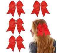 4 Pcs 8” Large Cheer Hair Bows, Elastic Jumbo Cheerleading Bow with Ponytail Holder for Middle School University Sport Basketball Football Softball Cheerleader Outfit Uniform, or Christmas,Red, 8 inch