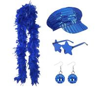 4 PCS Abba Accessories, Blue Feather Boa Disco Set, Sequin Hat Blue Feather Scarf Star Shaped Glasses Funky Earrings for Disco Parties Retro Events Dance Performances Halloween Music Festivals