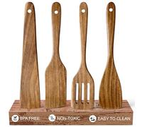 4 Pcs Acacia Wooden Spatula Set Non Taxic Kitchen Utensil Set Slotted Turner Flat Wood Wok Spatulas for Cooking Spoon Kitchen Spurtle Bamboo Cooking Utensils Fish Egg Flipper Spatula Cast Iron Scraper