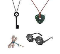 4 Pcs Accessories Kit for Coraline Cosplay Costume,Button Eyes Glasses,Key Necklace,Hair Clip,Green Stone Set,Halloween Costume Stuff Accessories,Coraline Jewelry Gift for Women and Fans