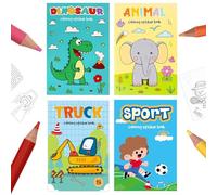 4 Pcs Activity Books with Matching Stickers, Travel Activity Packs Holiday Essentials Colouring Books, Dinosaurs, Trucks, Sports, Animals for Birthday, Game Party Bag Fillers