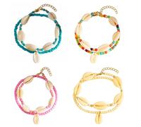 4 PCS Adjustable Shell Anklets for Women, Double Layer Beaded Boho Beach Bracelets with Natural Cowrie Shells, Summer Holiday Ankle Bracelets Set