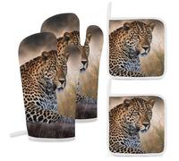 4 Pcs African Animal Leopard Oven Mitt and Pot Holder Set, Heat Resistant Long Oven Gloves & Hot Pads with Hanging Loop for Cooking Baking BBQ, Ideal Kitchen Gift for Cooks Bakers
