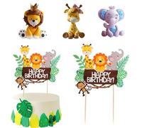 4 Pcs Animal Cake Toppers - Safari & Jungle Animal Cake Decorations Giraffe Elephant Lion for Birthday Party