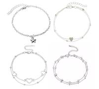 4 PCS Anklets for Women Ankle Bracelets Silver Heart Pendant Ankle Chain Stylish Women's Anklets Adjustable Double Layered Love Beads Foot Chain Ankle Bracelet Beach Anklet for Ladies Girls Beach