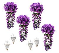 4 Pcs Artificial Hanging Baskets Outdoor with Flowers Artificial Garden Flowers Hanging Baskets Hanging Basket with Flowers for Garden Wall Fence Wedding Balcony Outdoor Inside Door Decoration,Purple