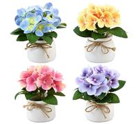 4 PCS Artificial Hydrangea Potted Plant - 18cm Fake Flowers with White Pot | Lifelike Artificial Hydrangea Flowers Decorative Faux Hydrangea for Home/Office/Wedding (Yellow/Deep Pink/Blue/Purple)