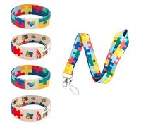4 Pcs Autism Awareness Bracelet and a Mobile Phone Lanyard, Elastic Puzzle Autistic Jewelry Stretch Wristband, Colorful Motivational Jewelry for Women Men Adults