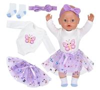 4 Pcs Baby Doll Clothes for 14-17 Inch Doll, New Doll Clothes Outfits Includes 1 Jumpsuit 1 Poncho 1 Hairband 1 Socks, Dolls Clothes Compatible with New Born Baby 35-45 cm Doll (Purple Butterfly)