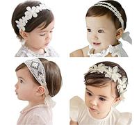 4 Pcs Baby Girl Headbands with Grosgrain Ribbon Faux Leather Stars for Baby, Girl, Toddler, Kids as Party/Wedding/Photography Accessories (White)