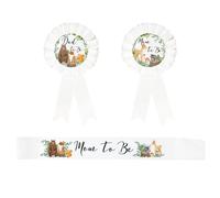 4 PCS Baby Shower Sash for Mom to Be Corsage with Sage Green Leaf Crown Dad to Be Corsage Set Woodland Theme Baby Shower Party Favors for Gender Reveal (White Flower) Baby Shower Sash, Mom to Be & Dad