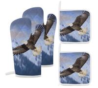 4 Pcs Bald Eagle Flying Oven Mitt and Pot Holder Set, Heat Resistant Long Oven Gloves & Hot Pads with Hanging Loop for Cooking Baking BBQ, Ideal Kitchen Gift for Cooks Bakers