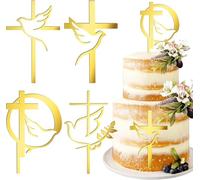 4 pcs Baptism Cake Toppers Acrylic Gold Dove Cross Cupcake Toppers Baptism First Communion Cake Decorations Supplies for Baby Shower Birthday Wedding Party Christian