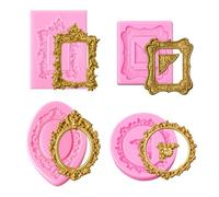 4 Pcs Baroque Frame Mold, Picture Photo Frames Air Dry Clay Molds Mini Silicone Frame Fondant Mold for Cupcake Topper Cake Decoration Chocolate Candy Dessert Decor Polymer Clay Crafting
