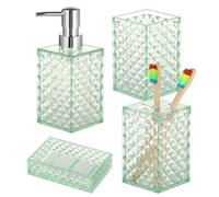 4 PCS Bathroom Accessories, Morandi Green Bathroom Counter Set, 3D Texture Liquid Dispenser, Toothbrush Holder, Mouthwash Cup, Soap Dish, Compact Plastic Bath Organizer for Home and Travel