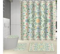 4 Pcs Bathroom Sets with Shower Curtain and Rugs,Shower Curtain Set with Bath Mat Toilet Lid Cover U Shaped Mat,12 Hooks,Waterproof Polyester Green Botanical Print Bathroom Decor Accessories