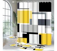 4 Pcs Bathroom Sets with Shower Curtain and Rugs,Yellow Geometric Bathroom Shower Curtain Sets with 12 Hooks, Yellow and Black Modern Abstract Bathroom Sets with Rugs and Accessories for Bathroom