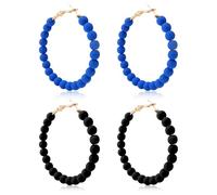 4 pcs Beaded Hoop Earrings for Women Bohemian Circle Round Bead Earrings Black and Blue Beads Dangle Chic Earrings Vintage Statement Party Jewelry
