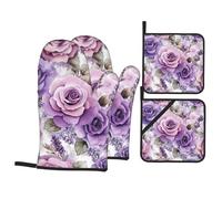 4 Pcs Beautiful Purple Flower Oven Mitts and Potholders,Kitchen Oven Glove with Pot Holders,Non-Slip Gloves High Heat Resistant 500 Degree for BBQ, Grill, Baking, Cooking, Oven, Microwave